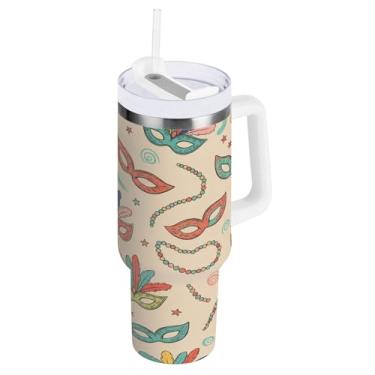 Imagem de Blueangle Copo isolado de máscara de carnaval de 1,134 g com alça e tampa de palha, caneca de viagem reutilizável de aço inoxidável (998)