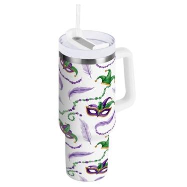 Imagem de Blueangle Copo isolado de máscara de carnaval de 1,134 g com alça e tampa de palha, caneca de viagem reutilizável de aço inoxidável (932)