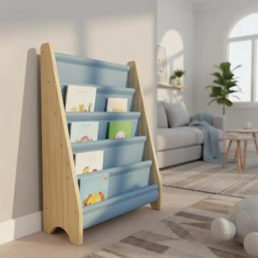 Imagem de Estante De Livro Infantil Montessoriano Madeira 5 Bolsos(G Tecido Azul)