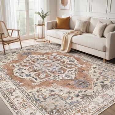 Imagem de Micgeek Tapete lavável 19 x 23 cm: tapete vintage neutro macio antiderrapante fino grande para sala de estar, quarto, cozinha, sala de jantar, casa, escritório, casa de fazenda, interior - vermelho