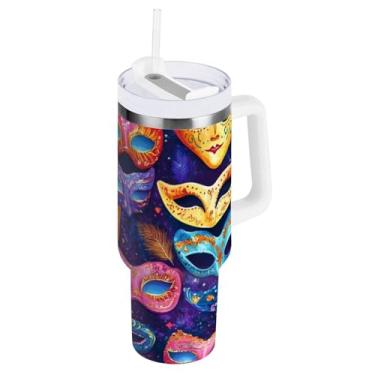 Imagem de Blueangle Copo isolado de carnaval de 850 g com alça e tampa de palha, caneca de viagem reutilizável de aço inoxidável (327)