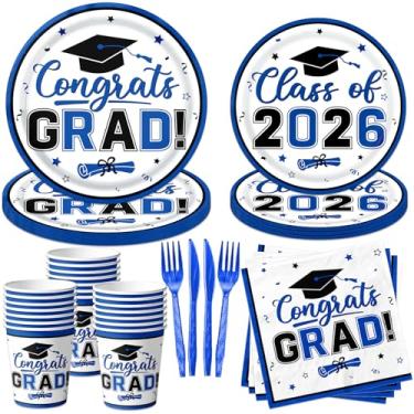Imagem de Conjunto de louça de decoração de formatura azul e branco, pratos e guardanapos de formatura Class of 2025, pratos de graduação, copos e guardanapos para decorações de festa de parabéns, azul, serve