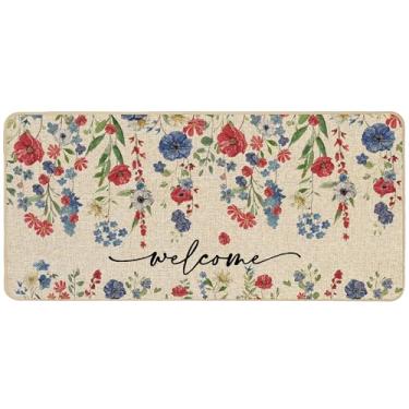Imagem de Baccessor Welcome Tapete floral azul vermelho flores folhas patriótico 4 de julho capacho Memorial Day decoração de casa tapete de interruptor discreto tapete de porta tapete de chão para interior