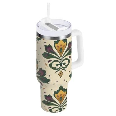 Imagem de Blueangle Copo isolado de carnaval de 850 g com alça e tampa de palha, caneca de viagem reutilizável de aço inoxidável (126)