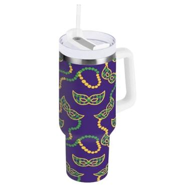 Imagem de Blueangle Copo isolado Carnaval de 850 g Carnaval com alça e tampa de palha, caneca de viagem reutilizável de aço inoxidável (597)