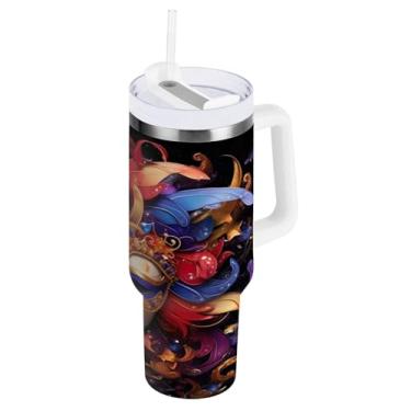 Imagem de Blueangle Copo isolado de máscara de carnaval de 850 g com alça e tampa de palha, caneca de viagem reutilizável de aço inoxidável (390)