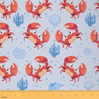 Imagem de Tecido de caranguejo de desenho animado por The Yard Tecidos com tema de concha coral azul para amantes de costura, criaturas costeiras fofas, tecido marinho para decoração de quarto e estofamento