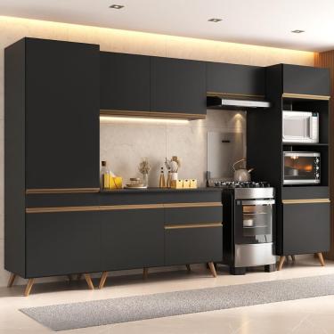 Imagem de Armário Cozinha Modulada Completa 314cm Com Balcão Veneza Multimóveis Mp3756 Preto/dourado