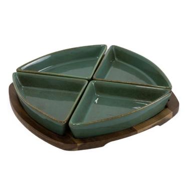 Imagem de Petsiqueira Tábua De Madeira Com 4 Bowls Verde Cerâmica Btc