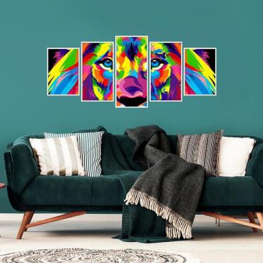 Imagem de Kit Quadro Decorativo Mosaico Leão Judá Com Moldura Branca