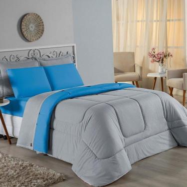 Imagem de Edredom Solteiro Nobre 1 Peça Dupla Face 1,60m X 2,40m Malha 100% Algodão - Cinza / Turquesa