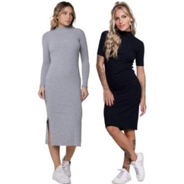 Imagem de KIT 2 Combo Vestido Midi Manga Longa e Curta Bella Fiore Gola Alta Blogueira Canelado M...