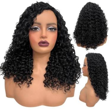 Imagem de Peruca cacheada média ondulada encaracolada 45cm preta 1B - LIONSWIG