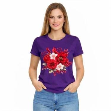 Imagem de Camiseta Feminina Estampada Rosa Flores Vermelhas Premium-Feminino