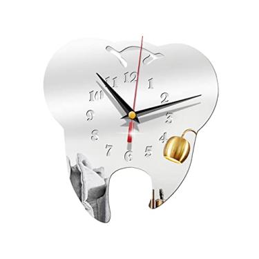 Imagem de Homyl Relógio de parede de acrílico, quartzo, decorativo, silencioso, operado por pilha, adesivo, formato de dentes para sala de aula, escritório, sala de estar, cozinha, prata