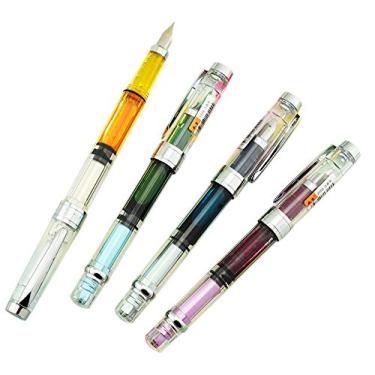 Imagem de Lanxivi Yongsheng 3008 Piston Caneta-tinteiro EF ponta extrafina, acabamento prateado transparente, conjunto de 4 cores