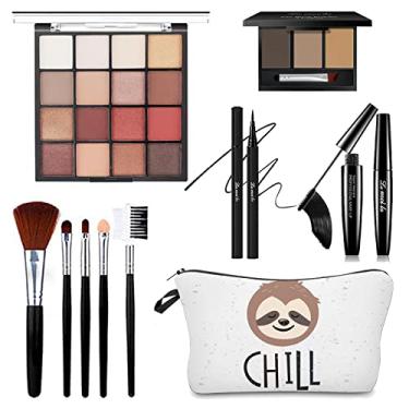 Imagem de Kit de maquiagem tudo em um para meninas – paleta de sombras, pincéis de maquiagem, delineador à prova d'água, pó de sobrancelha, rímel, bolsa de cosméticos, conjunto de presente de maquiagem para