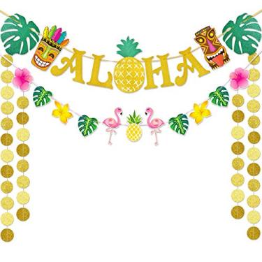 Imagem de WERNNSAI Bandeira havaiana Aloha Decorações de festa - Flamingo Abacaxi Tiki Tropical Luau Party Supplies Grande Ouro Glittera Aloha Bandeira de Sinal para Verão Praia Piscina Festa