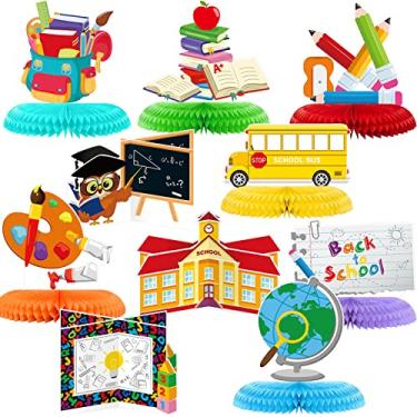 Imagem de 10 Pieces Back to School Table Centerpieces School Bus Table Decorations Stationery Chalkboard Honeycomb Centerpieces Back to School Party Decorations for Teachers Students School Classroom Decor