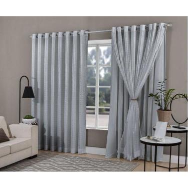 Imagem de Cortina Quarto Sala Voal Xadrez Com Forro Cinza 3,00X2,20M