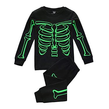 Imagem de Glow Conjunto infantil de algodão Halloween em crianças pijama esqueleto pijama meninos escuros roupa de primeiro aniversário menino, Preto, 3-4 Anos