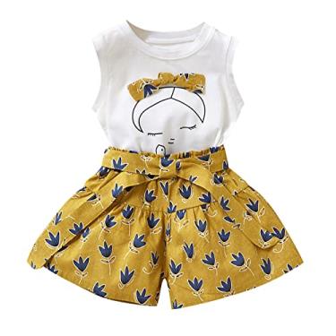 Imagem de Camiseta floral desenho animado arco infantil sem mangas tops + meninas 2 peças conjunto de camiseta infantil roupas roupas de bebê (amarelo, 1-2 anos)