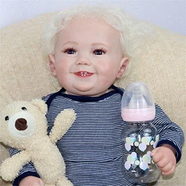 Imagem de BAOERYAA boneca reborn corpo de pano menina,20 Polegadas Sorriso cacheado amarelo boneca reborn/Cabeça, mãos, pernas são silicone de vinil bebê reborn Realista Reborn menina,Vestido azul