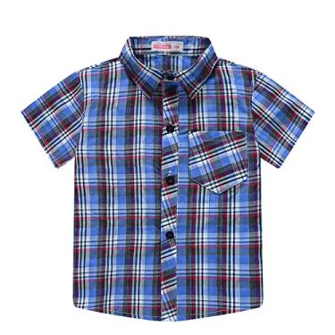 Imagem de Mercatoo Camisetas masculinas tamanho 5-6 crianças meninos manga curta moda xadrez camisa tops casaco outwear para bebês (azul, 2-3 anos)