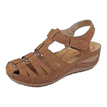 Imagem de Sandálias anabela estilo romano tamanho grande gancho laço sólido conforto sandálias anabela para mulheres bege, Marrom, 7