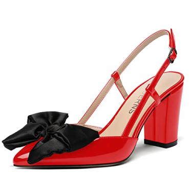 Imagem de WAYDERNS Vestido feminino nupcial fivela bico fino laço patente Slingback tornozelo tira bloco sólido salto alto grosso salto alto sapatos 9,5 cm, Preto/vermelho, 9