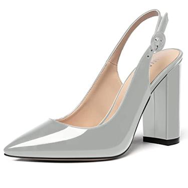 Imagem de WAYDERNS Sapatos femininos de couro envernizado bico fino tira no tornozelo salto alto bloco sapatos sexy vestido de casamento 4 polegadas, Cinza, 7.5