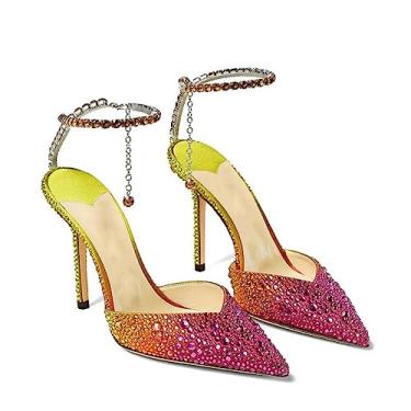 Imagem de ZIRIA Corrente de strass colorida 34-43 sandálias femininas festa de verão casamento salto alto 7 cm/10 cm sapatos de dedo aberto, Multicolorido, 7 cm, 42
