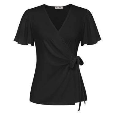 Imagem de GRACE KARIN Blusas femininas elegantes de chiffon fluidas de manga curta 2024 blusas de verão com decote em V camisas de trabalho de negócios tops, Preto, P
