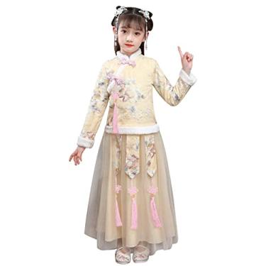 Imagem de Macaquinho infantil 4t infantil com forro de lã Hanfu casaco quente para roupas de ano novo chinês menina 6 anos, Amarelo, 3-4 Anos