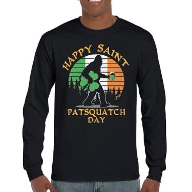 Imagem de Camiseta divertida Happy Saint Patsquatch Day manga comprida Dia de São Patrício Pé Grande Sasquatch Shamrock Beer Shenanigans, Preto, 3G