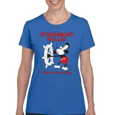 Imagem de Camiseta Steamboat Willie Vibing Since 1928 icônica retrô desenho animado mouse atemporal clássico vintage Vibe camiseta feminina, Azul, GG
