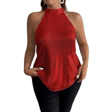 Imagem de WDIRARA Regata feminina plus size de lantejoulas brilhantes frente única sem mangas com abertura nas costas, Vermelho, XXG Plus Size