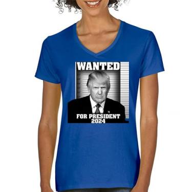 Imagem de Camiseta feminina com gola V Donald Trump Wanted for President 2024 Mugshot MAGA America First Republican Conservative FJB Tee, Azul, M