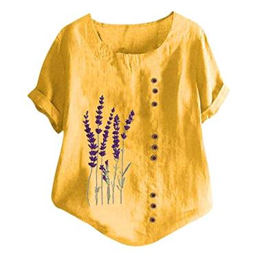 Imagem de Camisa feminina com botões Henley Graphic Going Out Top de manga curta fofa blusa casual rodada túnica de festa, Amarelo, XXG
