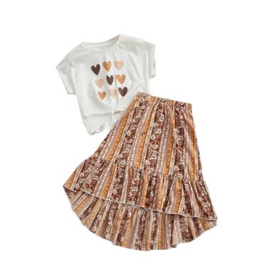 Imagem de RoseSeek Conjunto de 2 peças para meninas de manga curta, gola redonda, camisetas estampadas e saias boho com babados florais, Branco e marrom, 9Y