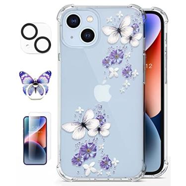 Imagem de ROSEPARROT [4 em 1] Capa para iPhone 14 com protetor de tela de vidro temperado + protetor de lente de câmera, transparente com design de padrão floral, capa protetora à prova de choque (borboleta/branca)