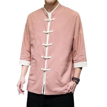 Imagem de Camisa de linho de algodão estilo chinês retrô gola alta roupas masculinas primavera manga longa terno tang, Rosa, 3G