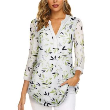 Imagem de Supnier Blusas femininas com manga 3/4 e gola V, blusas elegantes com estampa floral, camisetas de malha folgadas, Verde claro, P