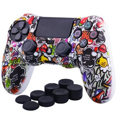 Imagem de YoRHa Capa de silicone camuflada com impressão de transferência de água para Sony PS4/slim/Pro dualshock 4 Controller x 1 (Graffiti adorável) com 8 punhos Pro Thumb
