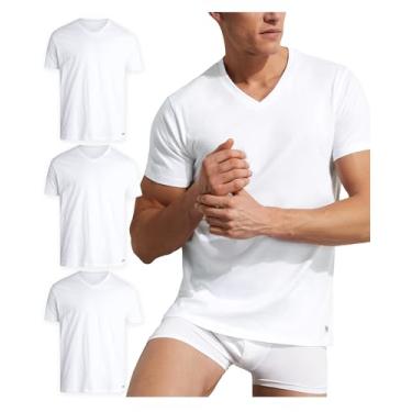 Imagem de Kenneth Cole Camiseta masculina de manga curta 100% algodão - pacote com 3 camisetas brancas lisas para homens, gola redonda/gola V (P-GG), Reação branco/branco, P