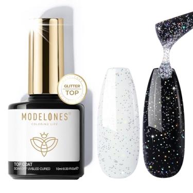 Imagem de modelones Top coat de gel com glitter, mistura de prata iridescente reflexiva, glitter, esmalte de gel transparente, sem limpeza, confetes brilhantes, brilhantes, de longa duração, arco-íris