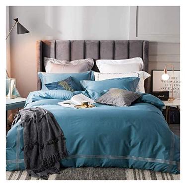 Imagem de Jogo de cama king size 100% algodão, capas de edredom, conjunto de cama 220 × 240 cm, lençol de cima, fronhas 4 peças solteiro – macio 100% (azul Kng)
