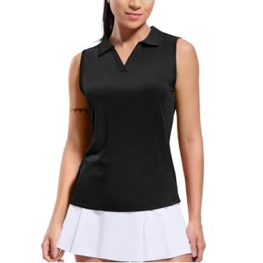 Imagem de MIER Camisa polo feminina de golfe sem mangas, gola seca, gola V, canelada, atlética, com absorção de umidade, Preto, M