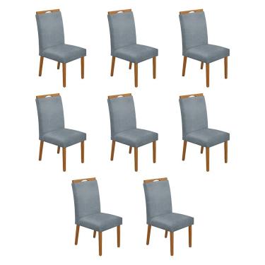 Imagem de Kit 8 Cadeiras de Jantar Madeira Maciça Cerejeira Premium Heloísa Linho Cinza