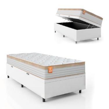 Imagem de Cama Box Baú Colchão Solteiro Molas Ensacadas Real 88x188x68cm Linho Branco/Bege Inducol - Suporta até 130kg por Pessoa